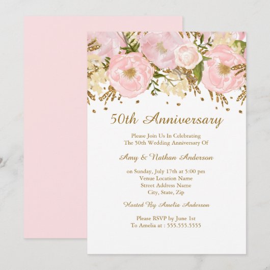 Mooie Blush Roze Gouden Bloem 50ste Verjaardag Kaart (Voorkant / Achterkant)