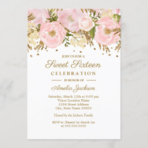 Mooie Blush Roze Gouden Bloemige Sweet Sixteen Kaart