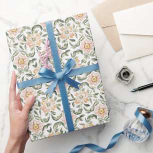 Mooie Blush Roze Groene Bladeren Bloemige Verjaard Cadeaupapier