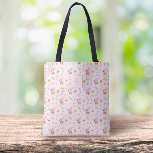 mooie blush roze konijntje tuin patroon Monogram Tote Bag