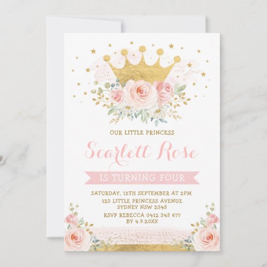 Mooie Blush Roze Prinses Gouden Kroon Verjaardag Kaart (Voorkant)