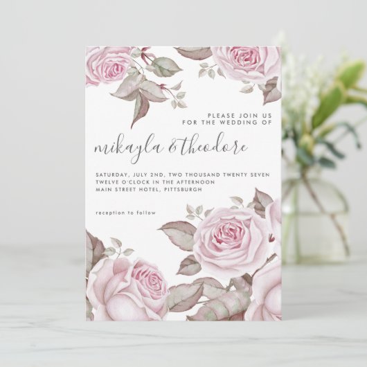 Mooie Blush Roze Waterverf Rozen Bruiloft Kaart (Staand voorkant)