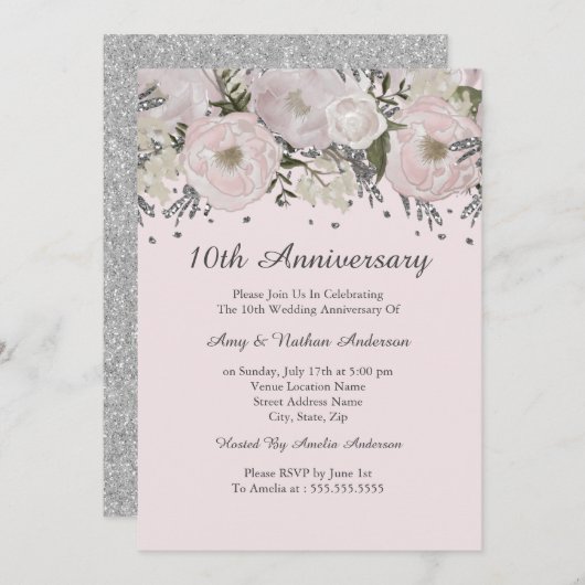 Mooie Blush Roze Zilveren Bloemige 10e Verjaardag Kaart (Voorkant / Achterkant)
