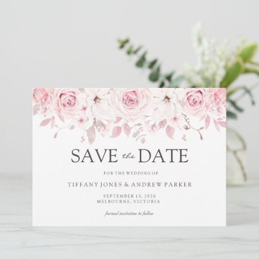 Mooie Blush Waterverf Floral Save the date (Staand voorkant)