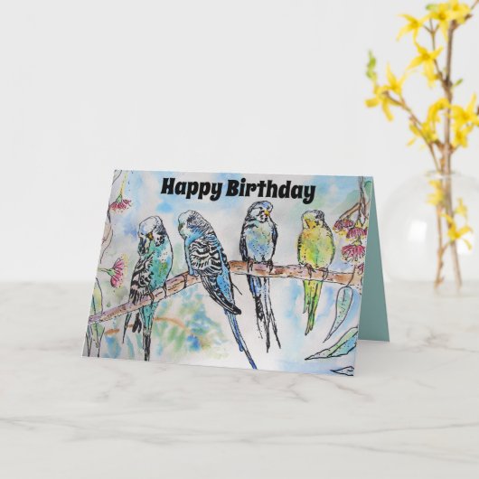 Mooie Boedgies Boedgerigars en Gum Blossom Card Kaart (Gele Bloem)