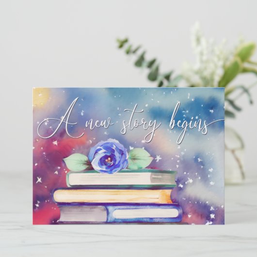 Mooie boeken en blauwe bloem waterverf baby shower kaart (Staand voorkant)