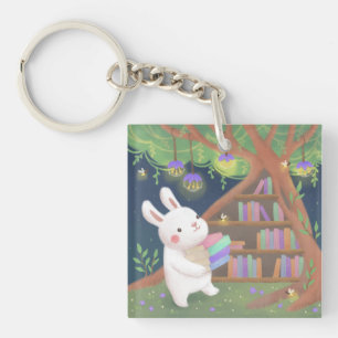 Mooie Boekenwurm Konijn Illustratie Sleutelhanger