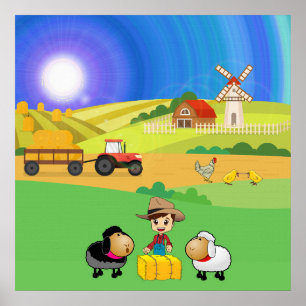 Mooie boerderij, schapen en kuikens poster