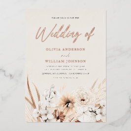 Mooie Boho Beige Bloemige Trouwdag Roze Goud Folie Uitnodiging