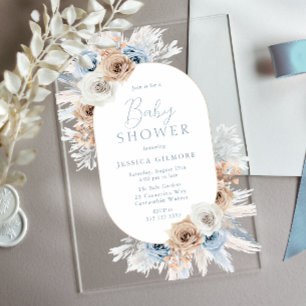 Mooie Boho Blauwe Bloemachtige Baby Shower Acryl Uitnodigingen