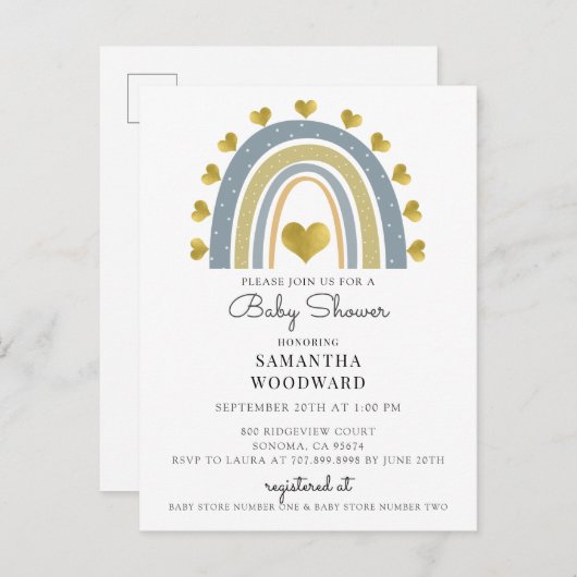 Mooie Boho Blauwe Regenboog Baby Shower Uitnodigin Uitnodiging Briefkaart (Voorkant / Achterkant)