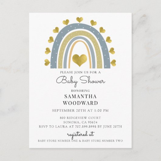 Mooie Boho Blauwe Regenboog Baby Shower Uitnodigin Uitnodiging Briefkaart (Voorkant)