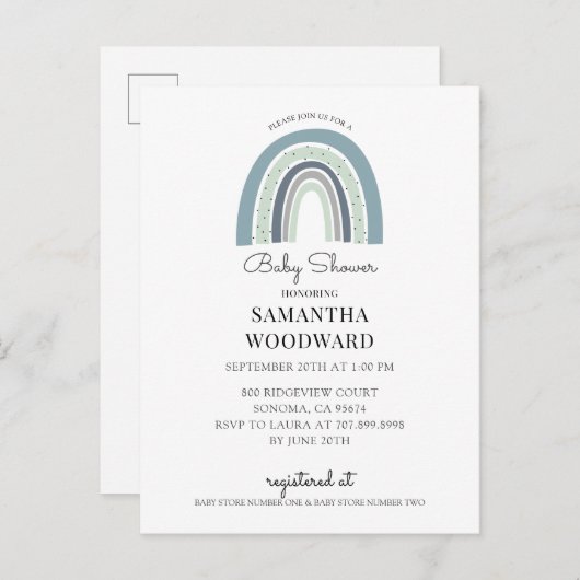 Mooie Boho Blauwe Regenboog Baby Shower Uitnodigin Uitnodiging Briefkaart (Voorkant / Achterkant)