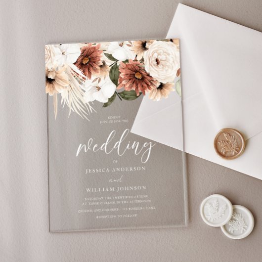 Mooie Boho Bloemen Vorst Bruiloft Acryl Uitnodigingen