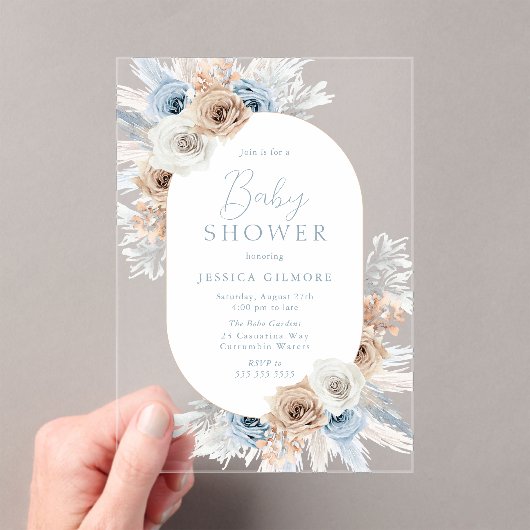 Mooie Boho Blue Floral Baby shower Acryl Uitnodigingen (Insitu (Draagbaar))