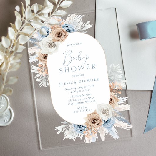 Mooie Boho Blue Floral Baby shower Acryl Uitnodigingen