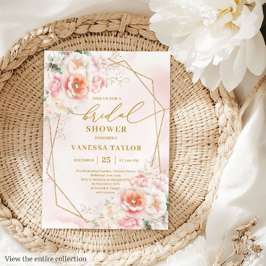Mooie Boho Blush Gouden Frame Rozen Bruidsdouche Kaart