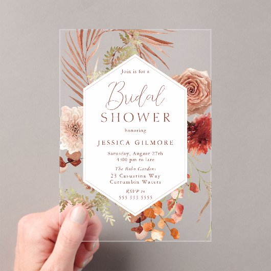 Mooie Boho Botanical Floral Vrijgezellenfeest Acryl Uitnodigingen (Insitu (Draagbaar))