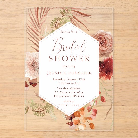 Mooie Boho Botanical Floral Vrijgezellenfeest Acryl Uitnodigingen (Voorkant)