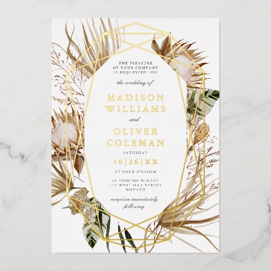 Mooie Boho botanische geometrische bruiloft Folie Uitnodiging (Voorkant)