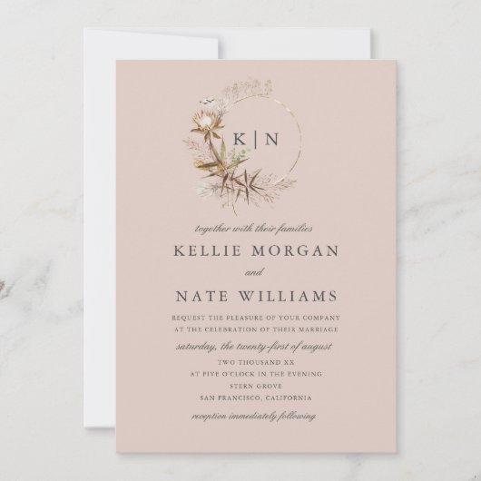 Mooie Boho Botanische Monogram Bruiloft Kaart (Voorkant)