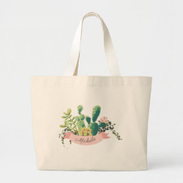Mooie Boho Gepersonaliseerde Naam Cactus Trendy Gr Grote Tote Bag