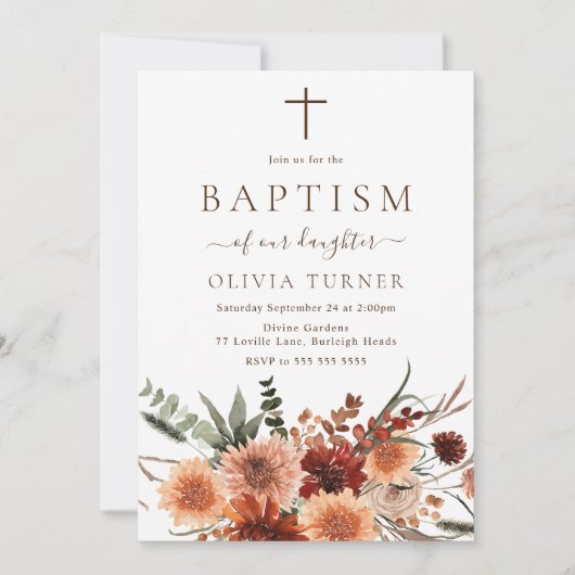 Mooie Boho Herfst Bloemen Doop Kaart (Voorkant)