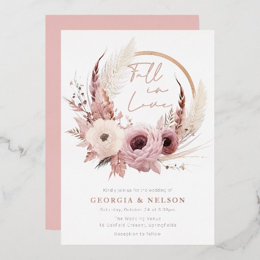 Mooie Boho Herfst Bruiloft Rose Goud Folie Uitnodiging (Voorkant / Achterkant)