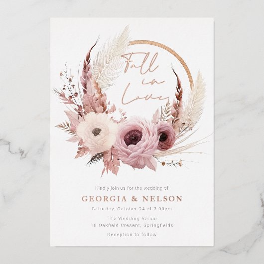 Mooie Boho Herfst Bruiloft Roze Goud Folie Uitnodiging (Voorkant)