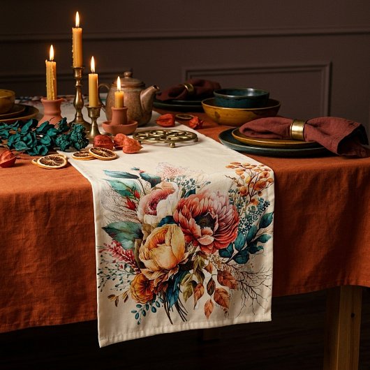 Mooie boho herfstboeket korte tafelloper