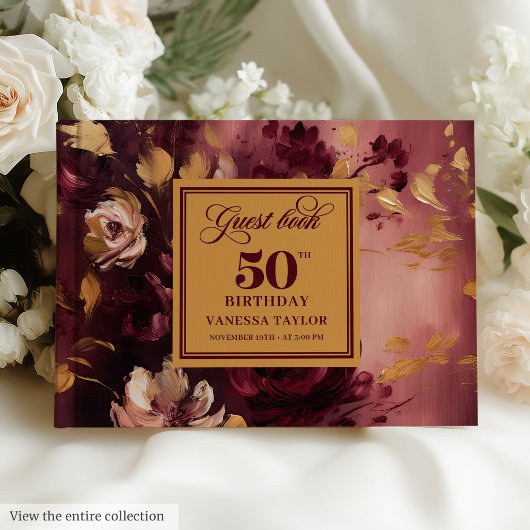 Mooie Boho Maroon Blush Gold Floral 50e verjaardag Gastenboek