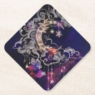 Mooie Boho Moon Sterren Blauw Paarse Kartonnen Onderzetters