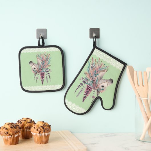 Mooie Boho Paard Ovenwant & Pannenlap Set (Insitu(Ophanging))