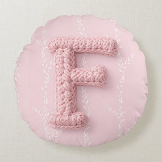 Mooie boho roze gehaakte letter F ronde kussen (Voorkant)