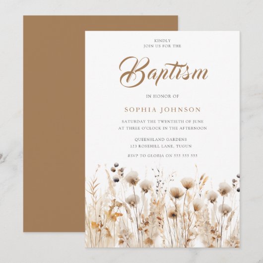 Mooie Boho Waterverf Wildflower Doop Kaart (Voorkant / Achterkant)