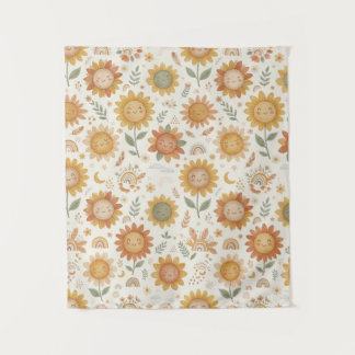 Mooie Boho Zonnebloem Zon & Regenboog Naadloos Pat Wandkleed