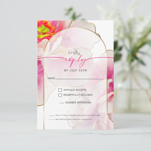 Mooie Bold Scarlet Pioen Maaltijd Keuze RSVP Kaartje (Staand voorkant)