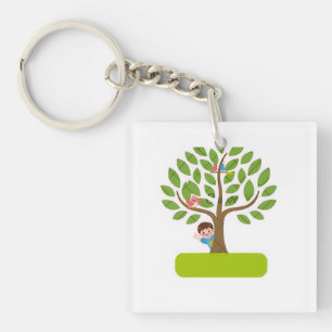 Mooie boom met kinderen en vogels T-shirt ontwerp Sleutelhanger