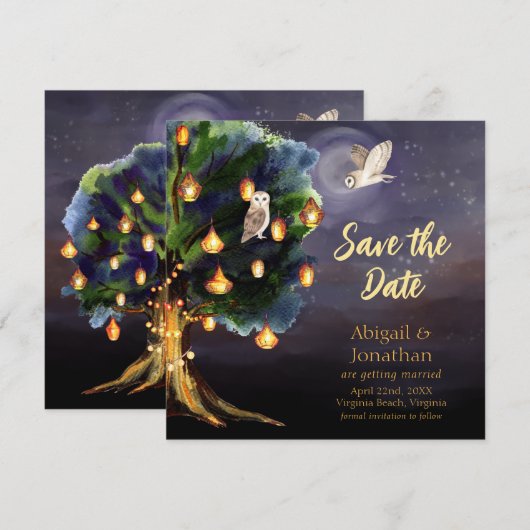 Mooie boom met lampions, maan, ovendrik save the date (Voorkant / Achterkant)