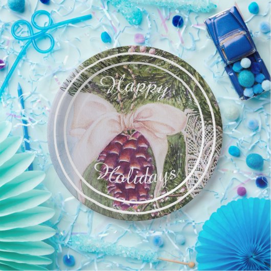 Mooie Boom Pine Cone Happy Holiday Party Papieren Bordje (Feest)