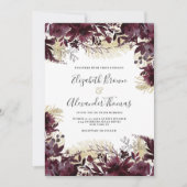 Mooie bordeaux gouden glitter bloemenbruiloft kaart (Voorkant)