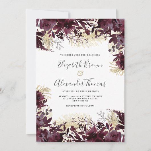 Mooie bordeaux gouden glitter bloemenbruiloft kaart (Voorkant)