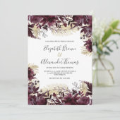 Mooie bordeaux gouden glitter bloemenbruiloft kaart (Staand voorkant)