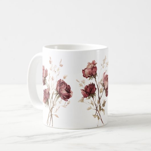 Mooie bordeauxrode bloemen koffiemok (Voorkant links)