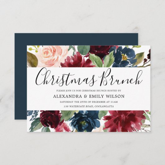 Mooie bordeauxrode bloemrijke kerstbrunch kaart (Voorkant / Achterkant)