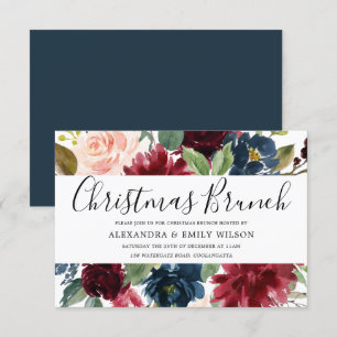 Mooie bordeauxrode bloemrijke kerstbrunch kaart