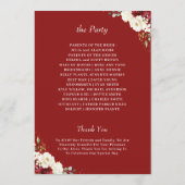 Mooie bordeauxrood wit bloemend huwelijksfeest programmakaart (Achterkant)