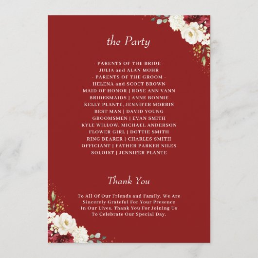 Mooie bordeauxrood wit bloemend huwelijksfeest programmakaart (Achterkant)