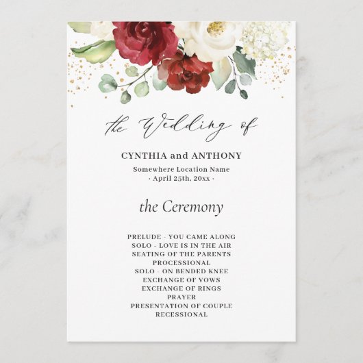 Mooie bordeauxrood wit bloemend huwelijksfeest programmakaart (Voorkant)