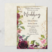 Mooie bordeauxroze en gouden bruiloft kaart (Voorkant / Achterkant)